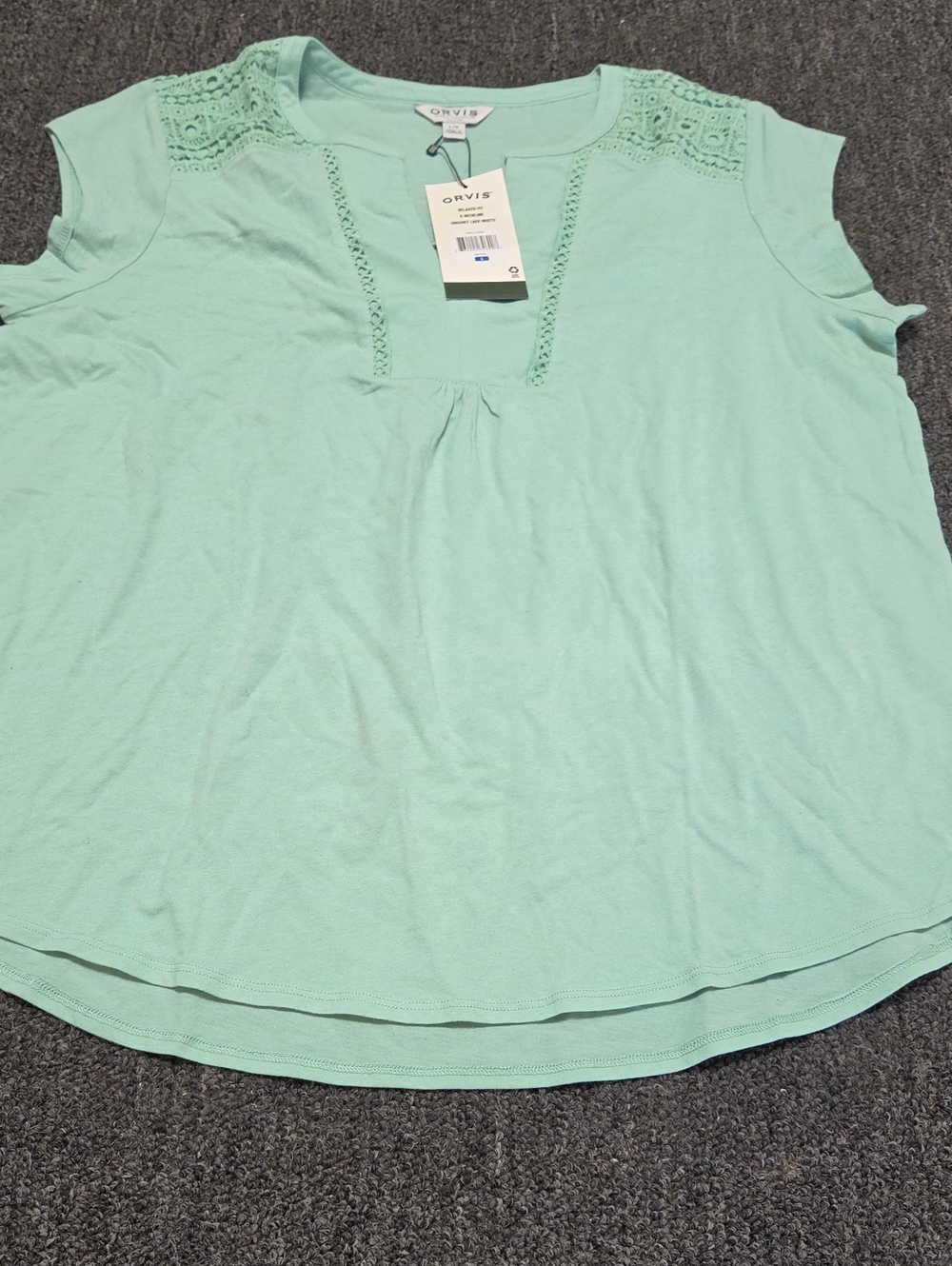 (#5C) Orvis Mint Green Crochet Yoke Cap Sleeve Tunic